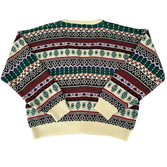 VTG 80s 90s Cardigan Sweater Men L Beige Colorful Geometric Grandpa Holiday - Picture 2 of 7